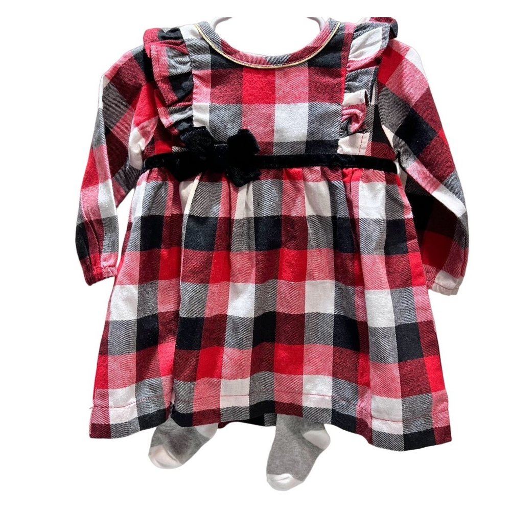 Mud Pie 3-6m 9-12m buffalo plaid flannel dress tights Christmas red black check